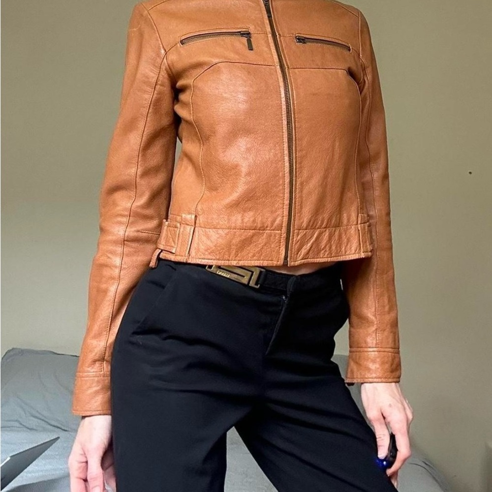 Paloma Wool Tan Leather Jacket Fitted Waist Refined Style - Picture 3 of 6